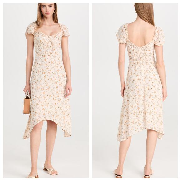 Reformation size 2 Midi Dress Yellow Floral Sweetheart Neckline Short Sleeve - Picture 1 of 8